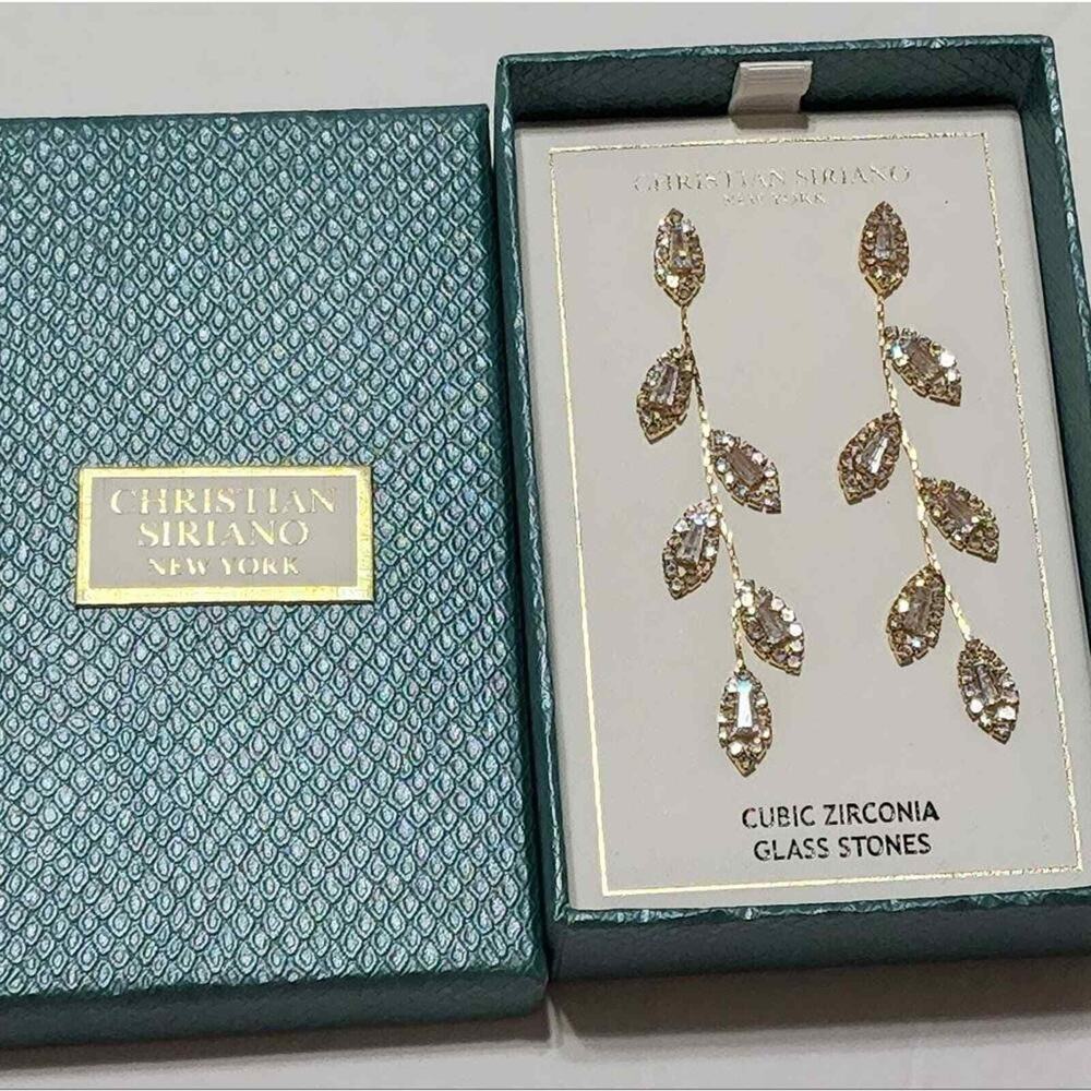 Christian Siriano New York Gold Tone Cubic Zirconia Leaf Drop Earrings NIB
